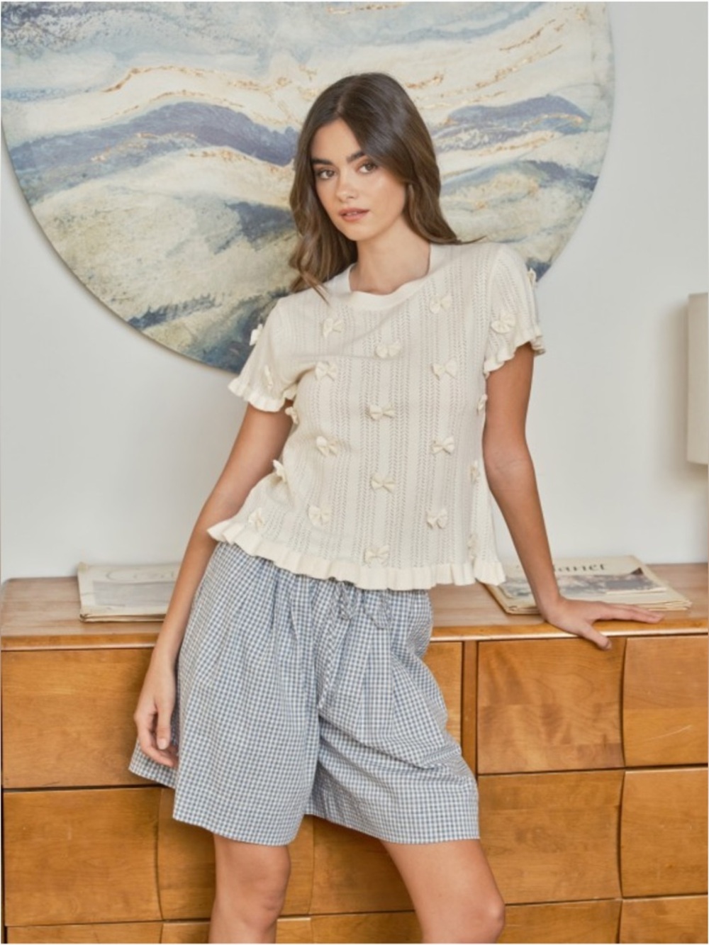 256. Gingham checkered Bermuda casual  shorts in navy blue white